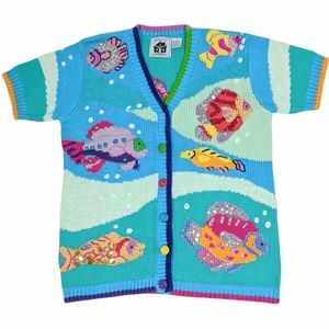 Sequined Beaded Ocean Fish Short Sleeve Sweater